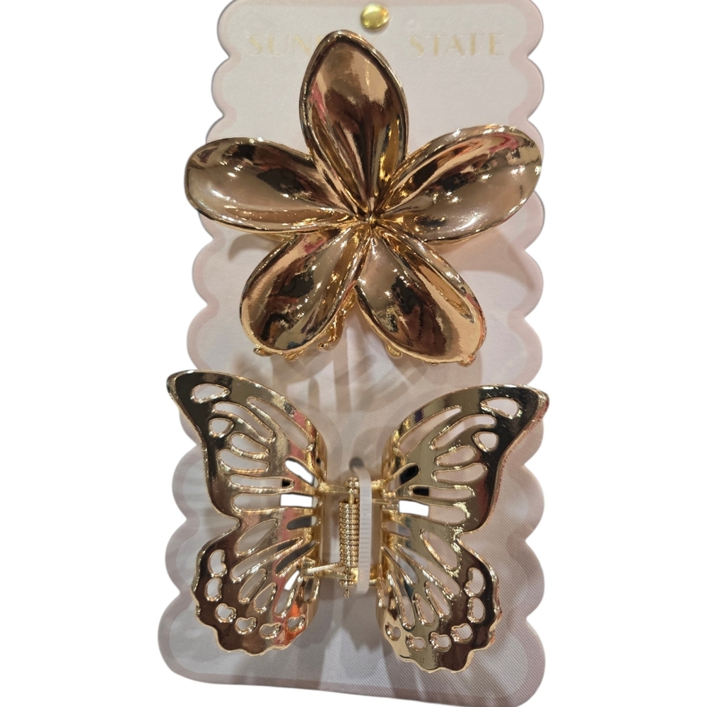 💛▪️Sunday State ▪️Shiny Gold Floral and Butterfly 2pc  Hair Metal  Clips